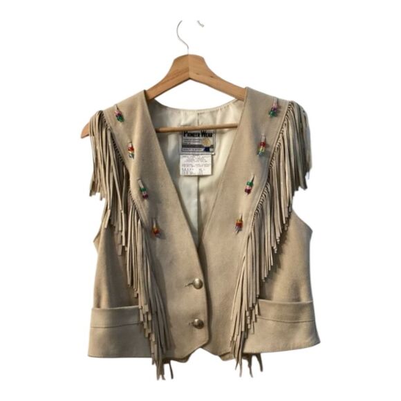 Pioneer Wear Vintage Western Leather Suede Fringe Vest Tan Cowboy Boho Size 12 - Picture 1 of 14